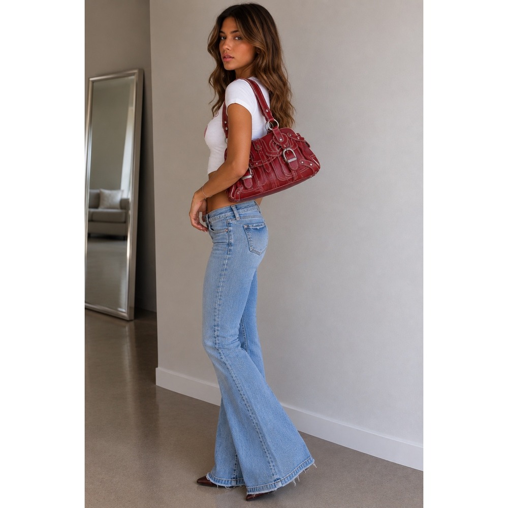 Hype Red Leather Satchel Bag Y2K Buckle Stud Purse White Stitching Handbag